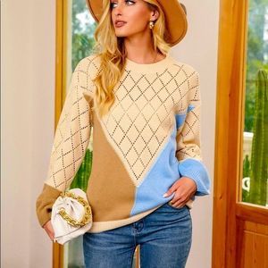 NWT! COLOR BLOCK POINTELLE KNIT BISHOP SLEEVE SWEATER IN APRICOT!